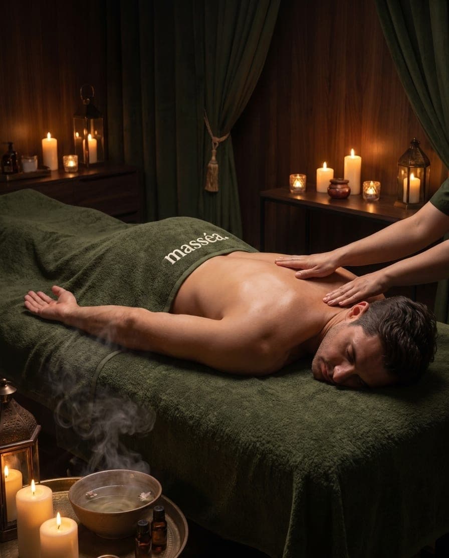 A Masséa therapist caring for a relaxed client in a candlelit spa setting
